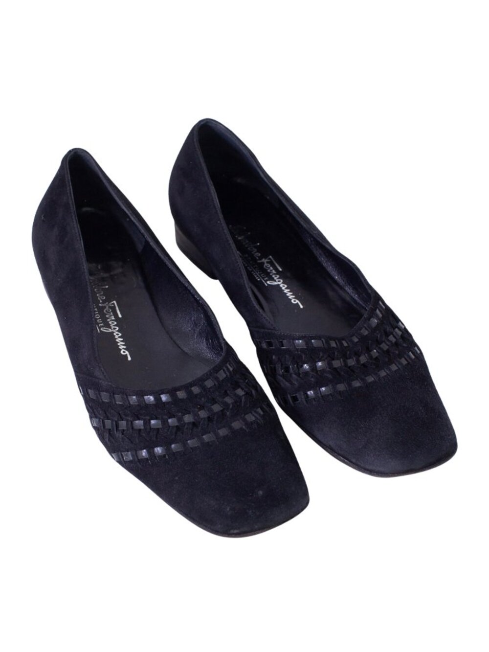 Ferragamo Black Suede Woven Low Heel Shoes Size 8.5
